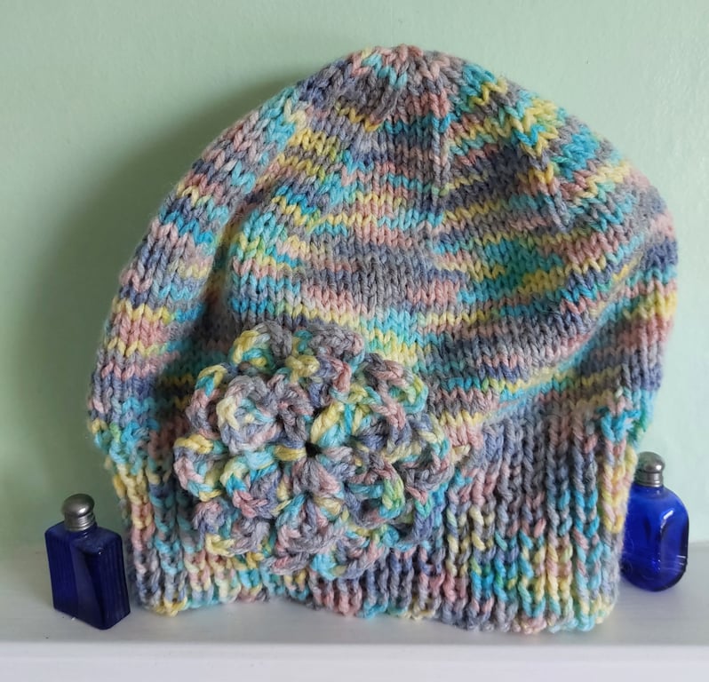 Hand Knitted Beanie Hat With Flower Embellishment Adult Size  