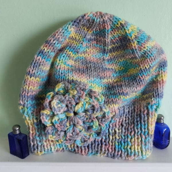 Hand Knitted Beanie Hat With Flower Embellishment Adult Size  