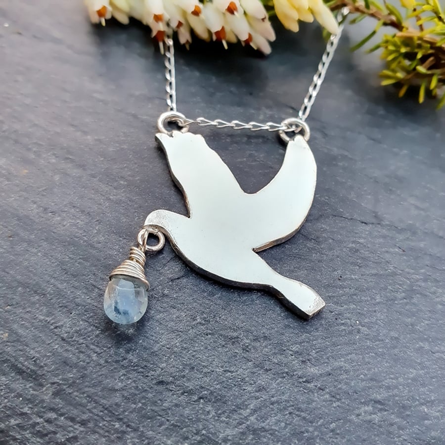 Recycled Silver Dove Pendant with Aquamarine - Sterling Silver Bird Necklace