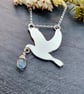 Recycled Silver Dove Pendant with Aquamarine - Sterling Silver Bird Necklace - Image 1