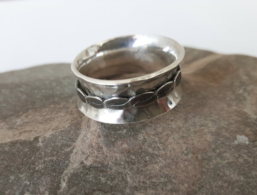Silver Spinning Ring with Flat Twisted Spinner,  size O