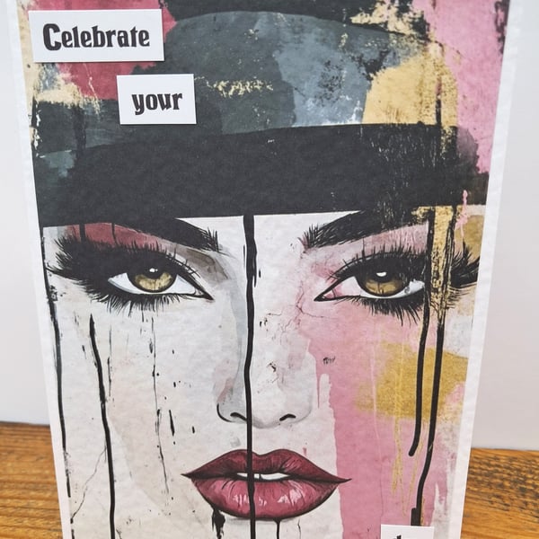 C6723   Birthday Card, Abstract Face, Hammered Card, Celebrate your day,