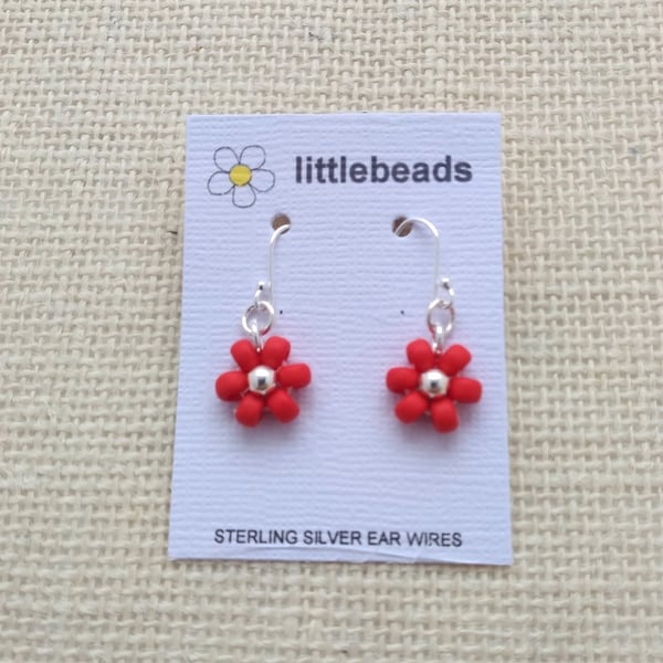 Red and Silver Daisy Beaded Sterling Silver Earrings