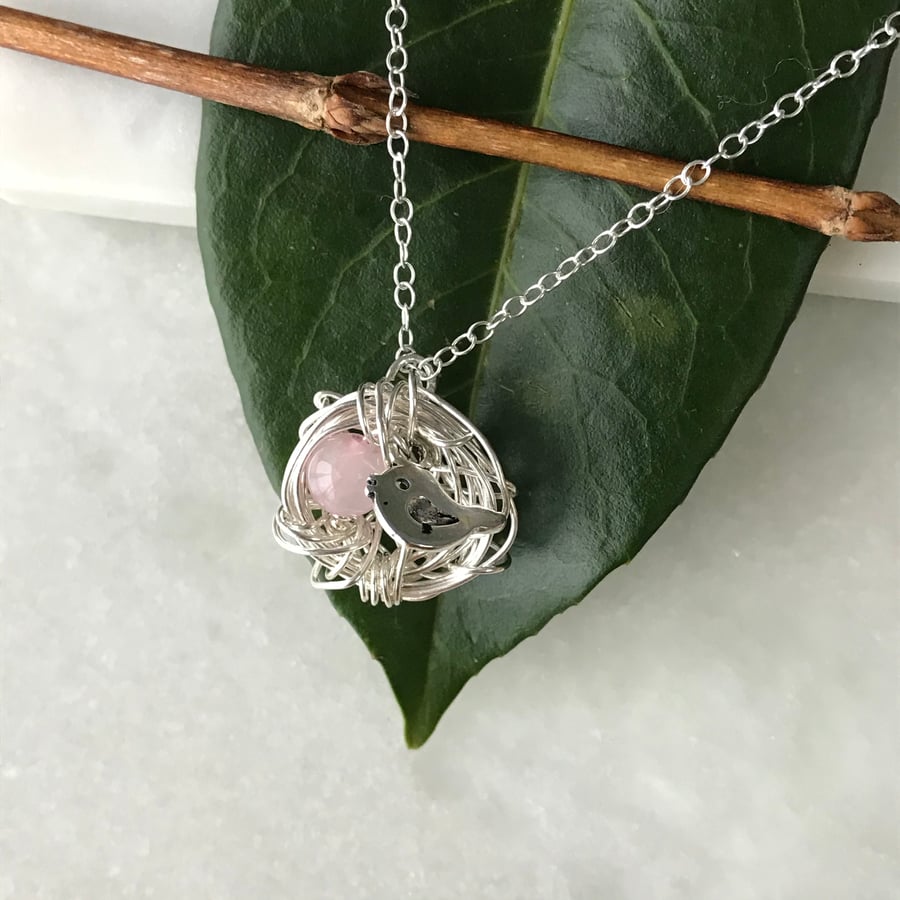 SALE Handmade birds nest rose quartz necklace, gift for her, pink necklace