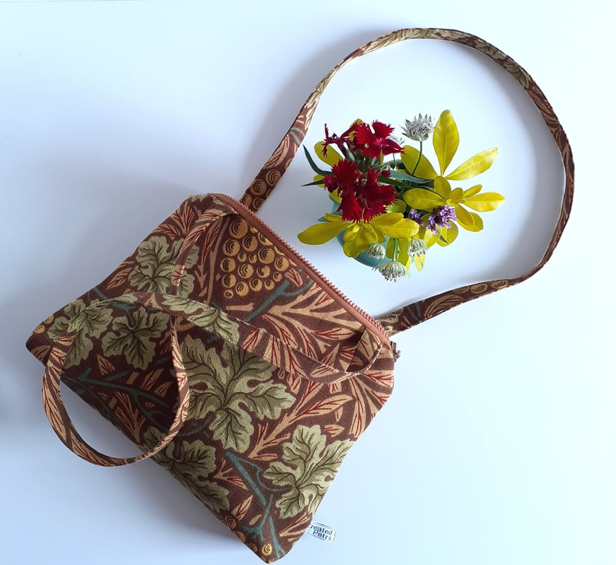 Zip up shoulder bag upcycled in an autumnal vintage William Morris vine print