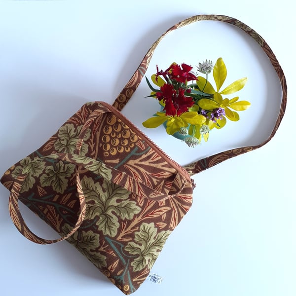 Zip up shoulder bag upcycled in an autumnal vintage William Morris vine print