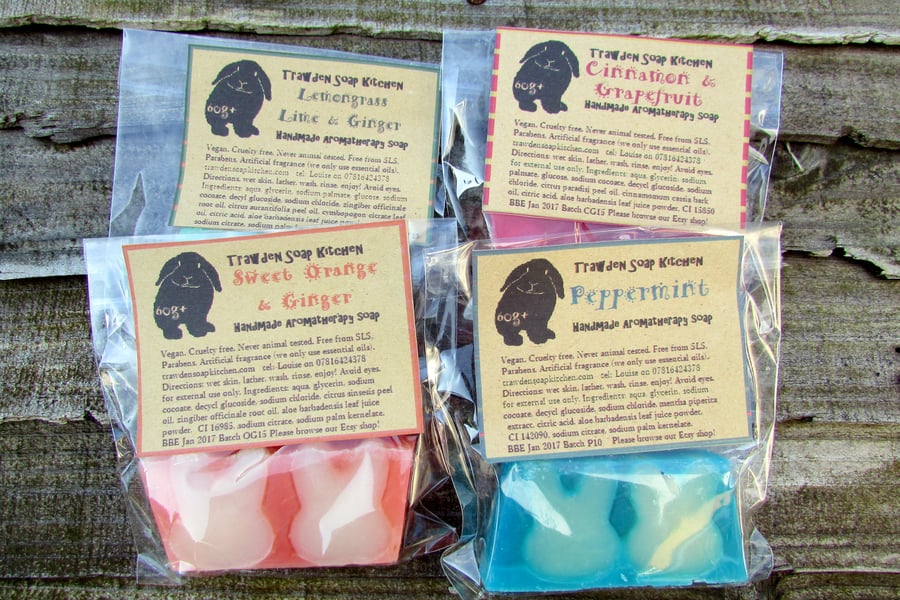 Cute bunny soap slices, 80% Organic, four essential oil blends, Vegan