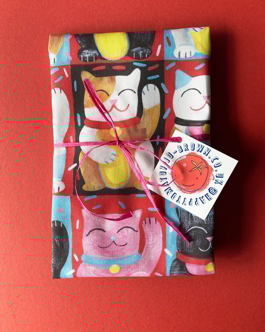 Lucky waving cats printed tea towel by Jo Brown, Maneki Neko cute gift