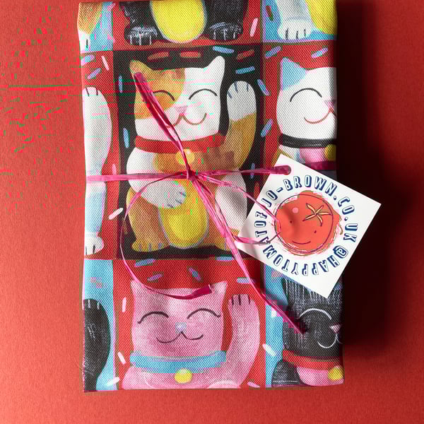 Lucky waving cats printed tea towel by Jo Brown, Maneki Neko cute gift