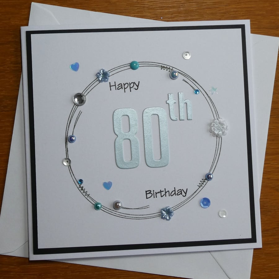 80th Birthday Card - Pastel Blue Wreath Design 