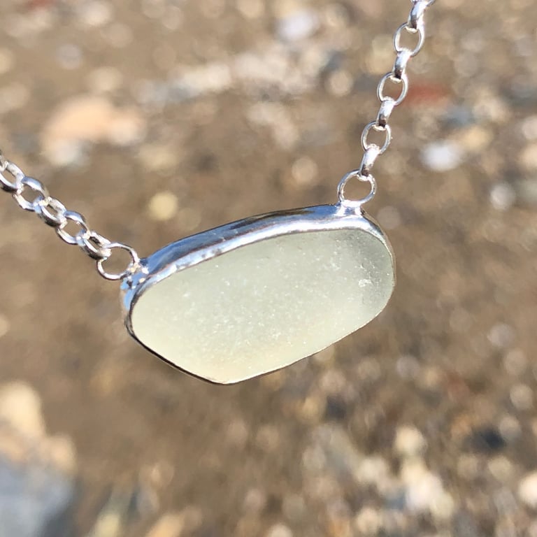 Frosted White Seaglass and Sterling Silver Pendant - 1108