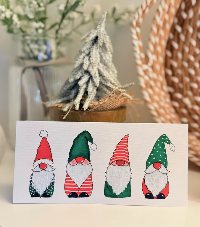 Christmas cards, Hand Glittered, Christmas Gonks Red Envelope, pack of 5