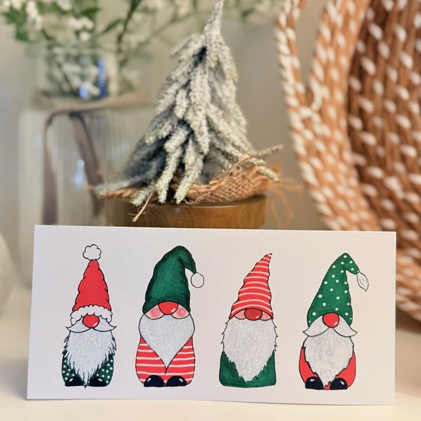 Christmas cards, Hand Glittered, Christmas Gonks Red Envelope, pack of 5