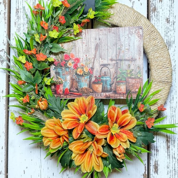 Handmade Summer Garden Wreath Front Door UK - Orange Dahlia Rope Wreath
