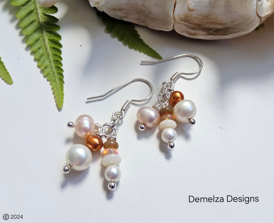 Cluster Freshwater Pearls & Ethiopian Wello Opal Sterling Silver Earrings 