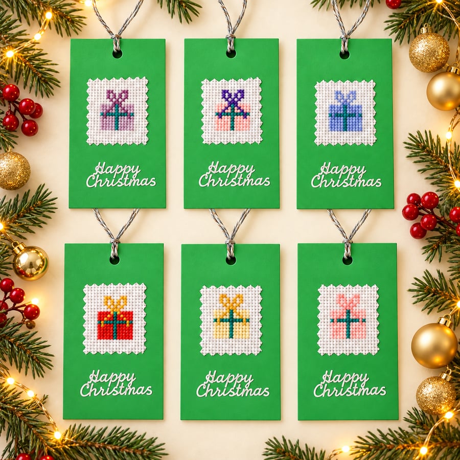 Six Large Cross-Stitch Christmas Gift Tags – Colourful Presents