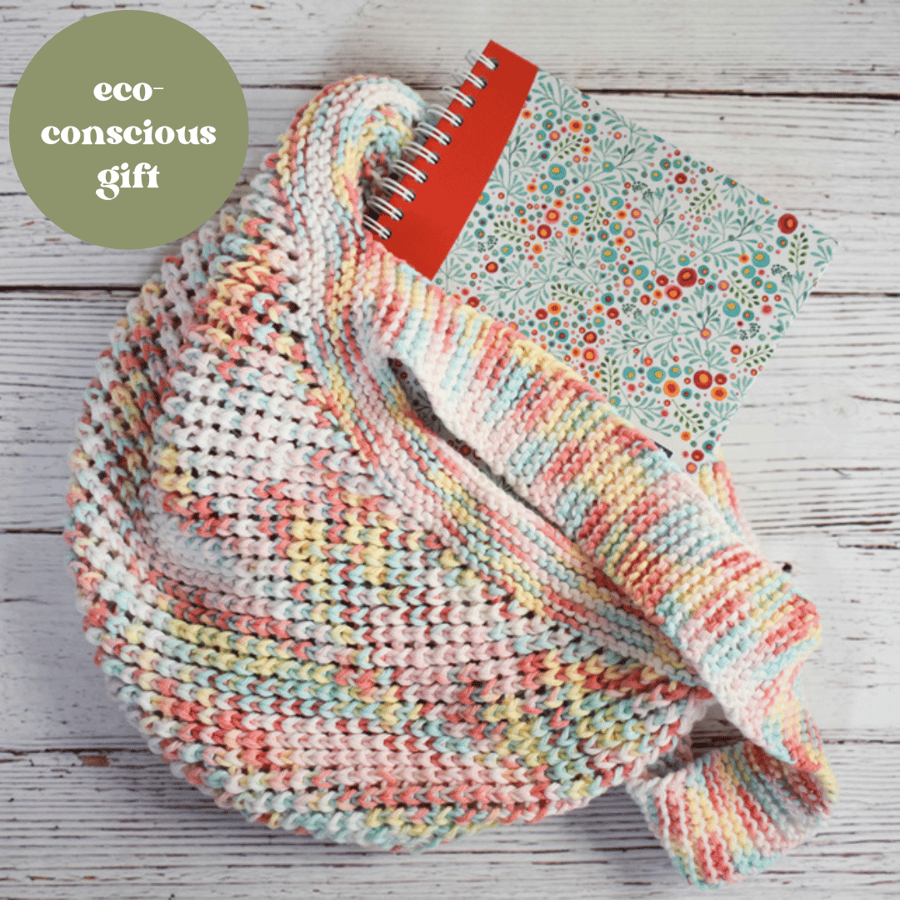 SOLD Hand Knitted cotton shopping grocery bag - Pastel