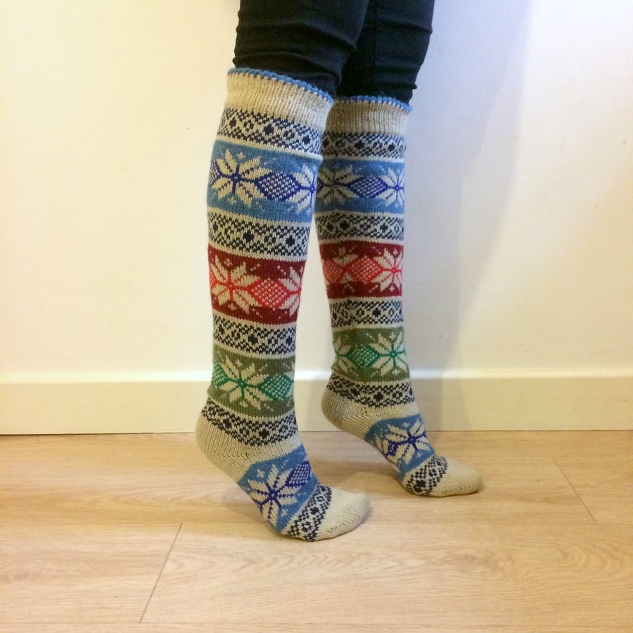 Long Knee length Wool Socks Fair isle, Christmas Star, Nordic, Scandinavian