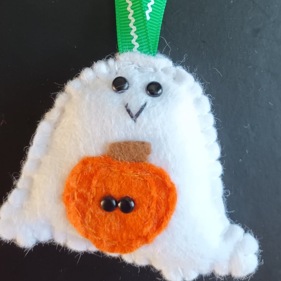Halloween sweet 'Ghost & Pumpkin' hanging decoration hand sewn wool blend felt 