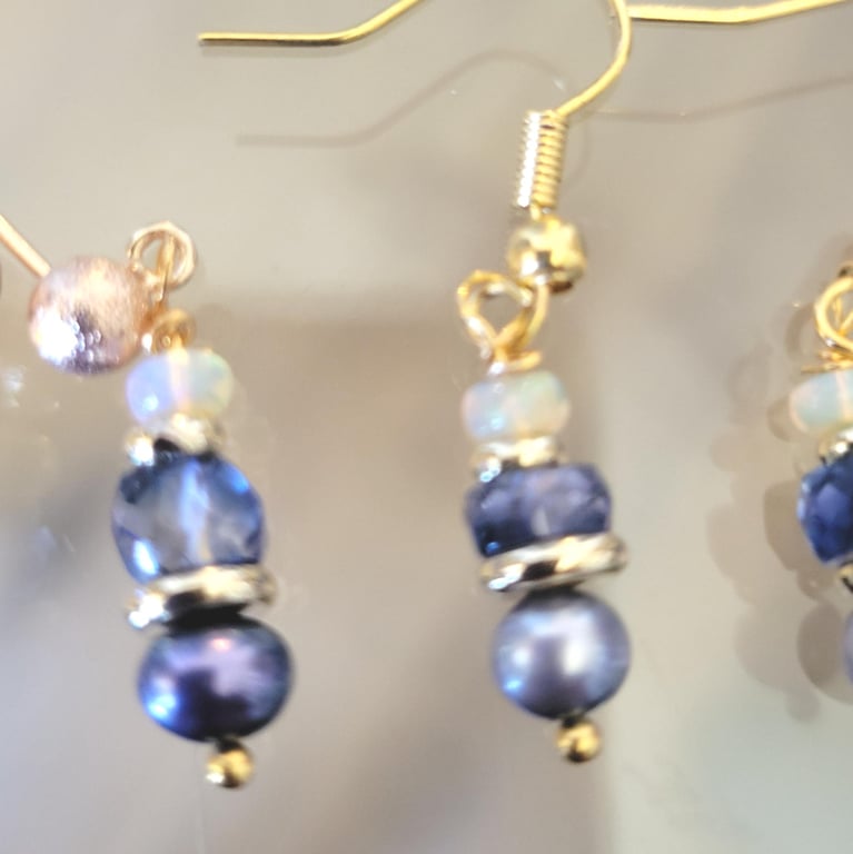 Luxury Bridesmaids Earrings, Blue Pearl.Blue or Bio Sapphire and a Yellow Opal. 