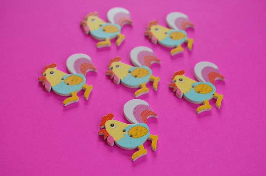 Wooden Cockerel Buttons Blue Yellow Pink 6pk 30x30mm Chicken Hen (CK5)