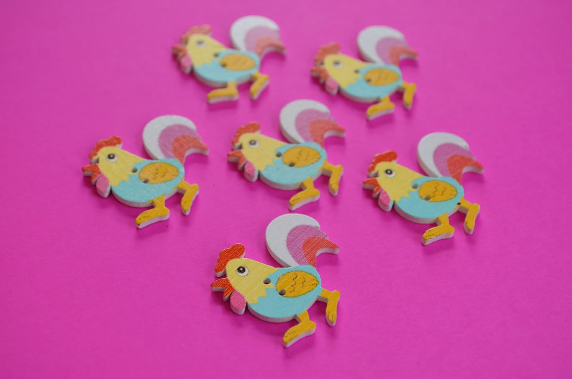 Wooden Cockerel Buttons Blue Yellow Pink 6pk 30x30mm Chicken Hen (CK5)