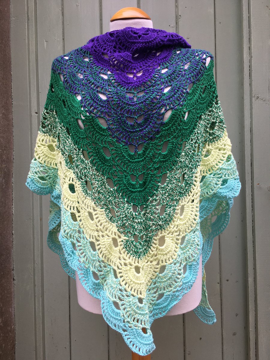 SALE  Hand Crafted Scalloped Cotton Shawl in Mermaid colours