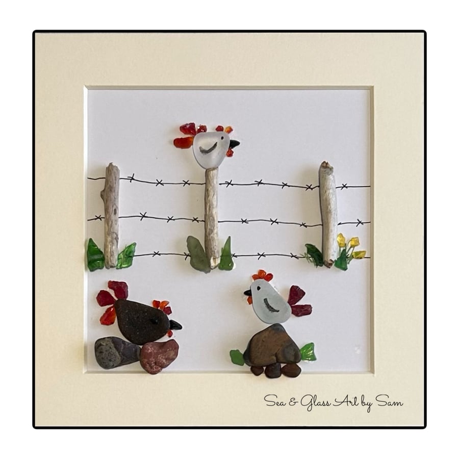 Handmade Sea Glass Chicken Picture - Framed 8x8 Rustic Farmyard Birds & Driftwoo