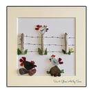Handmade Sea Glass Chicken Picture - Framed 8x8 Rustic Farmyard Birds & Driftwoo