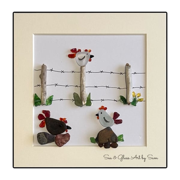 Handmade Sea Glass Chicken Picture - Framed 8x8 Rustic Farmyard Birds & Driftwoo
