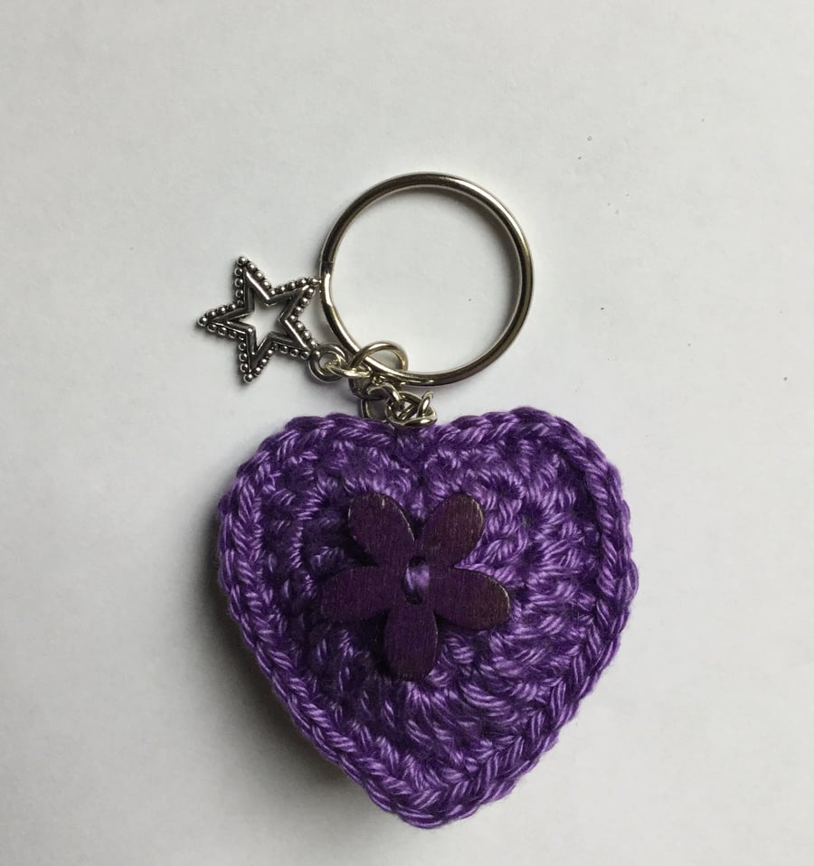 Crochet Heart Keyring Bag Charm in Purple with a Star Charm 
