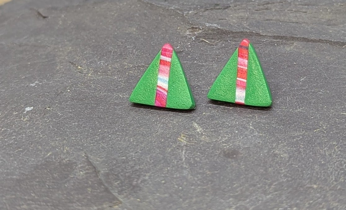 Handmade Green triangle studs, with decorative stripe.