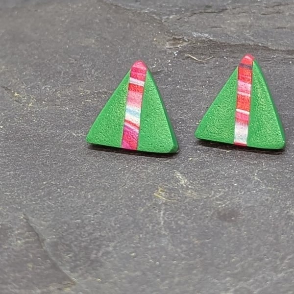 Handmade Green triangle studs, with decorative stripe.