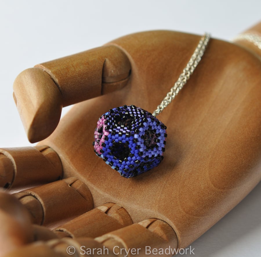 Purple and blue beadwoven hollow dodecahedron pendant