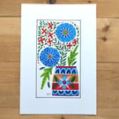 Blue flowers folk art painting, original A5 poppies in vase, unique artwork