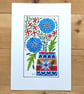 Blue flowers folk art painting, original A5 poppies in vase, unique artwork