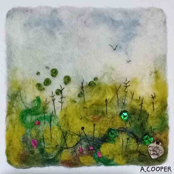 REMEMBERING SUMMER, handmade,original,needle felted wool flower landscape 