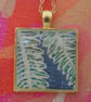 Botanical fern Art Pendant, wearable artwork pendant  in tones of blue and green