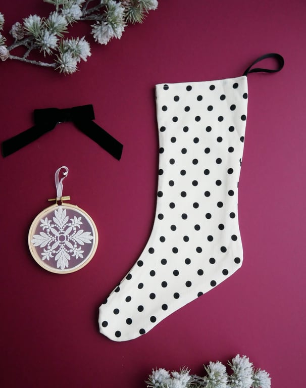 Christmas Stocking in Cream with Black Polka Dots - Medium