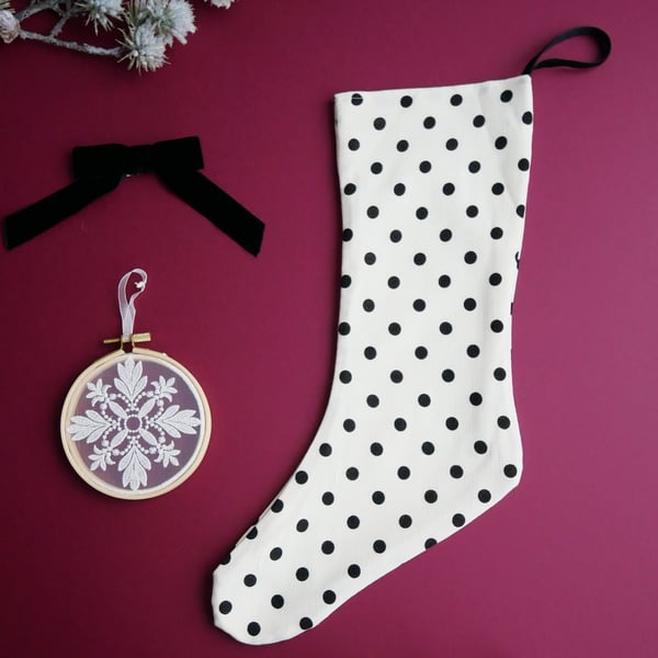 Christmas Stocking in Cream with Black Polka Dots - Medium