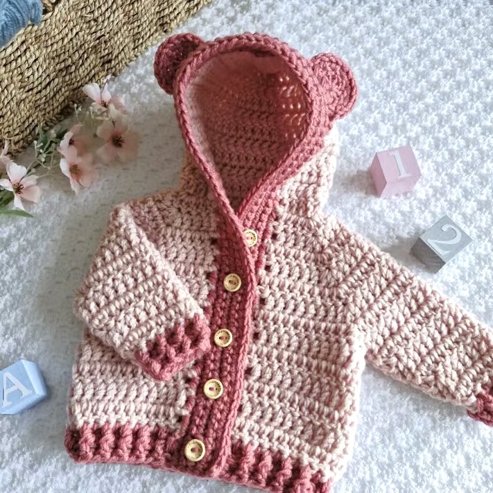 Crochet Teddy Bear Baby Cardigan with Hood – New Baby Gift