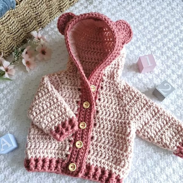 Crochet Teddy Bear Baby Cardigan with Hood – New Baby Gift