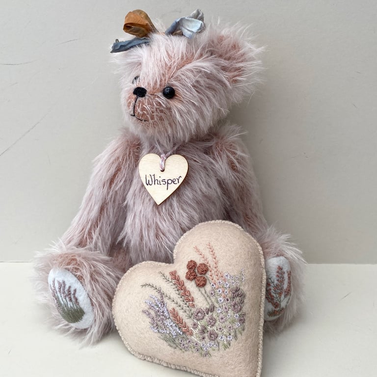 Luxury mohair artist bear with hand embroidered heart, collectable teddy bear