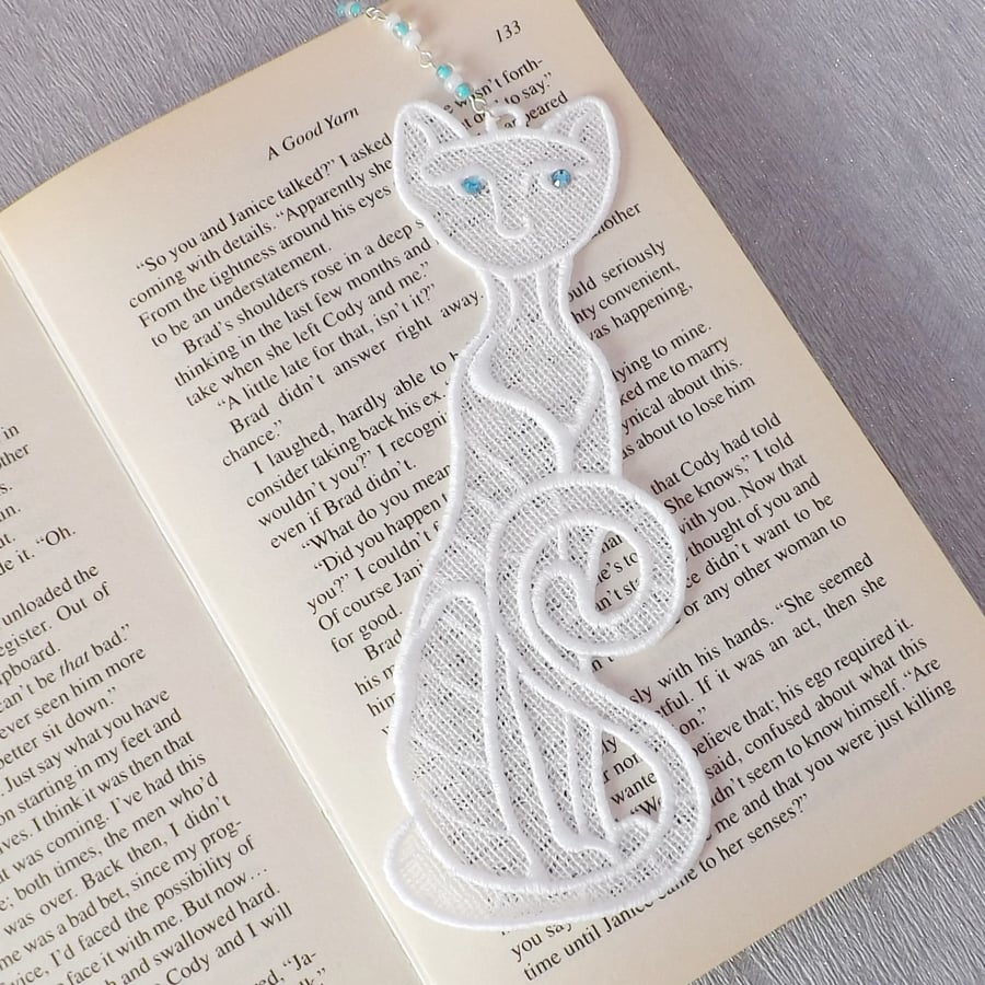 Cat Bookmark, embroidered lace