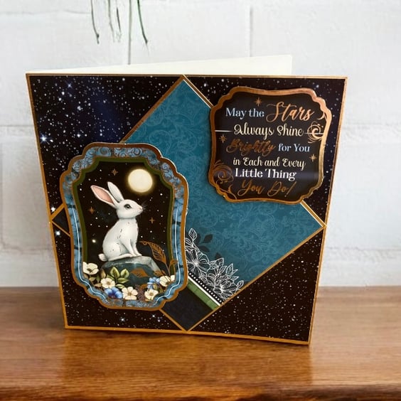 Midnight Forest Blank Greetings Card Featuring a Rabbit at Nighttime. 