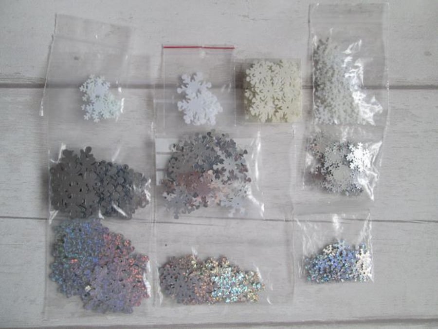 SOLD - 40g of Assorted Snowflake Sequins in Silver, White & Ivory
