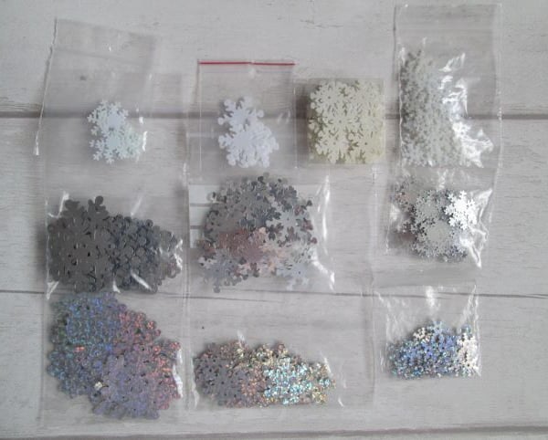 SOLD - 40g of Assorted Snowflake Sequins in Silver, White & Ivory
