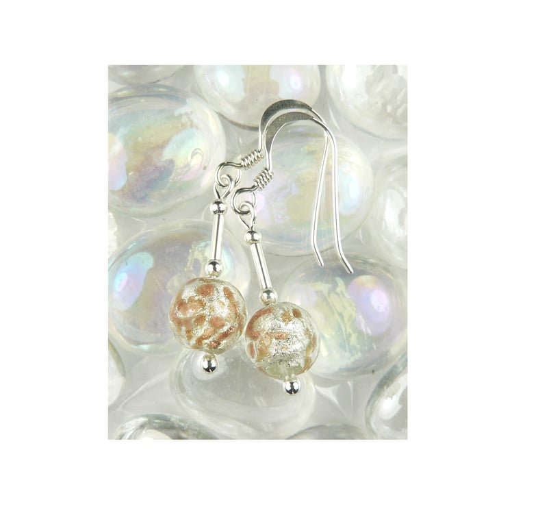 Sterling silver 8mm gold & silver genuine Murano glass drop earrings, gift box