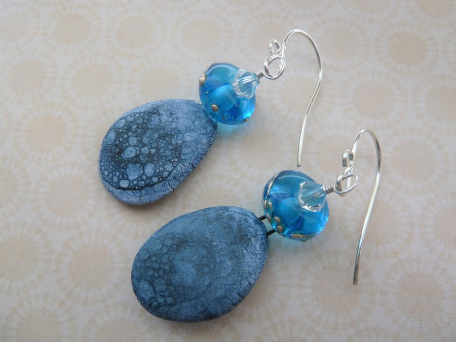 Sale sterling silver, lampwork and ceramic blue earrings