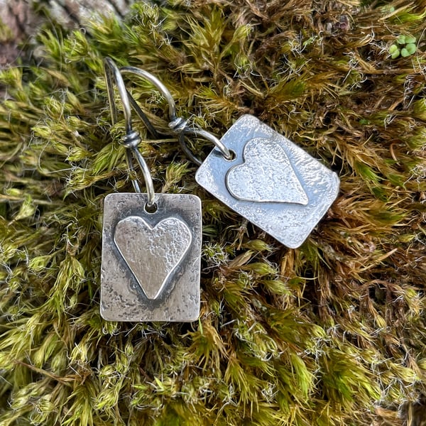 Oxidised sterling silver heart tag earrings